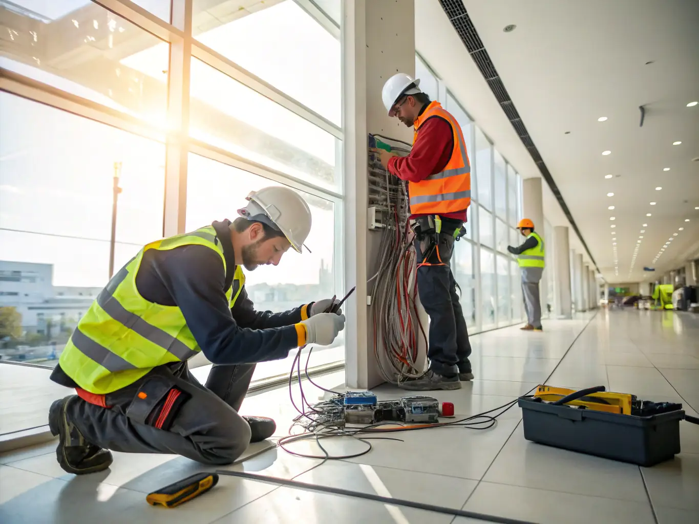 Technicians installing electrical wiring, plumbing pipes, and ventilation ducts in a bright, unfinished commercial interior. This image will be used to illustrate interior systems installation services.