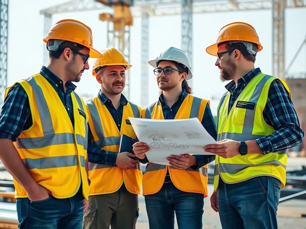 A team of construction experts collaborating on-site, reviewing digital plans on a tablet with safety helmets and vests, illustrating technical expertise and teamwork in complex building projects.
