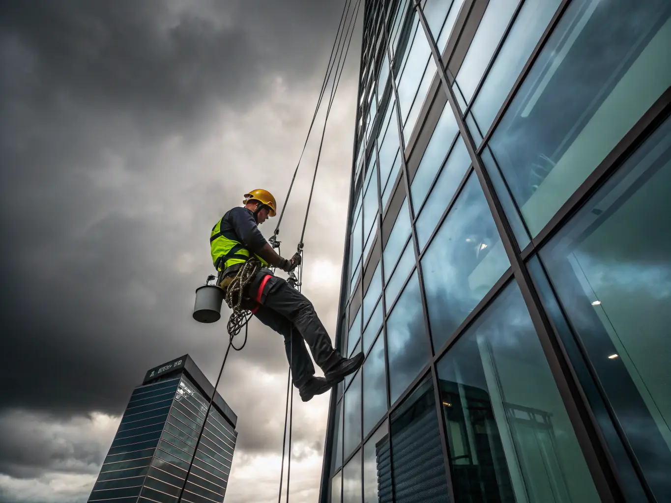 A skilled construction worker in a hard hat carefully inspecting the structural framework of a modern building under bright daylight, representing attention to detail and quality assurance in construction.