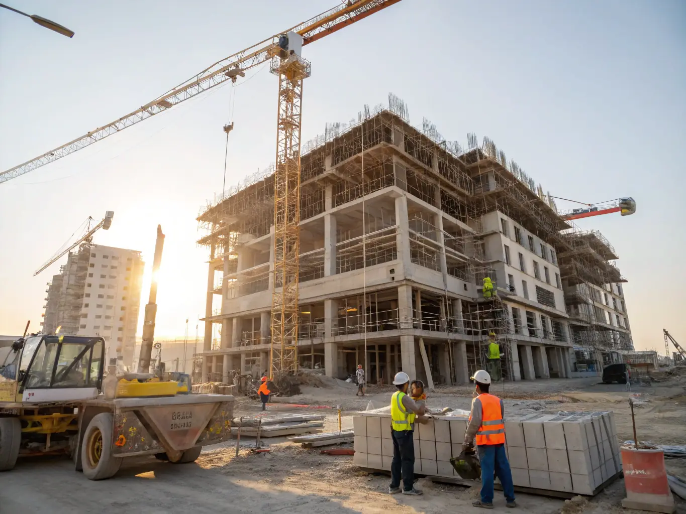 A modern residential building under construction, featuring cranes, scaffolding, and workers in safety gear, set against a clear sky. This image will be used to represent the company's expertise in new building construction.