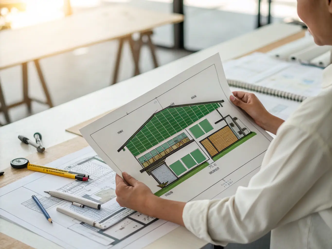 A close-up of a gloved hand holding a blueprint over a finished, modern home with clean lines and high-quality materials, symbolizing high standards and precision in building.
