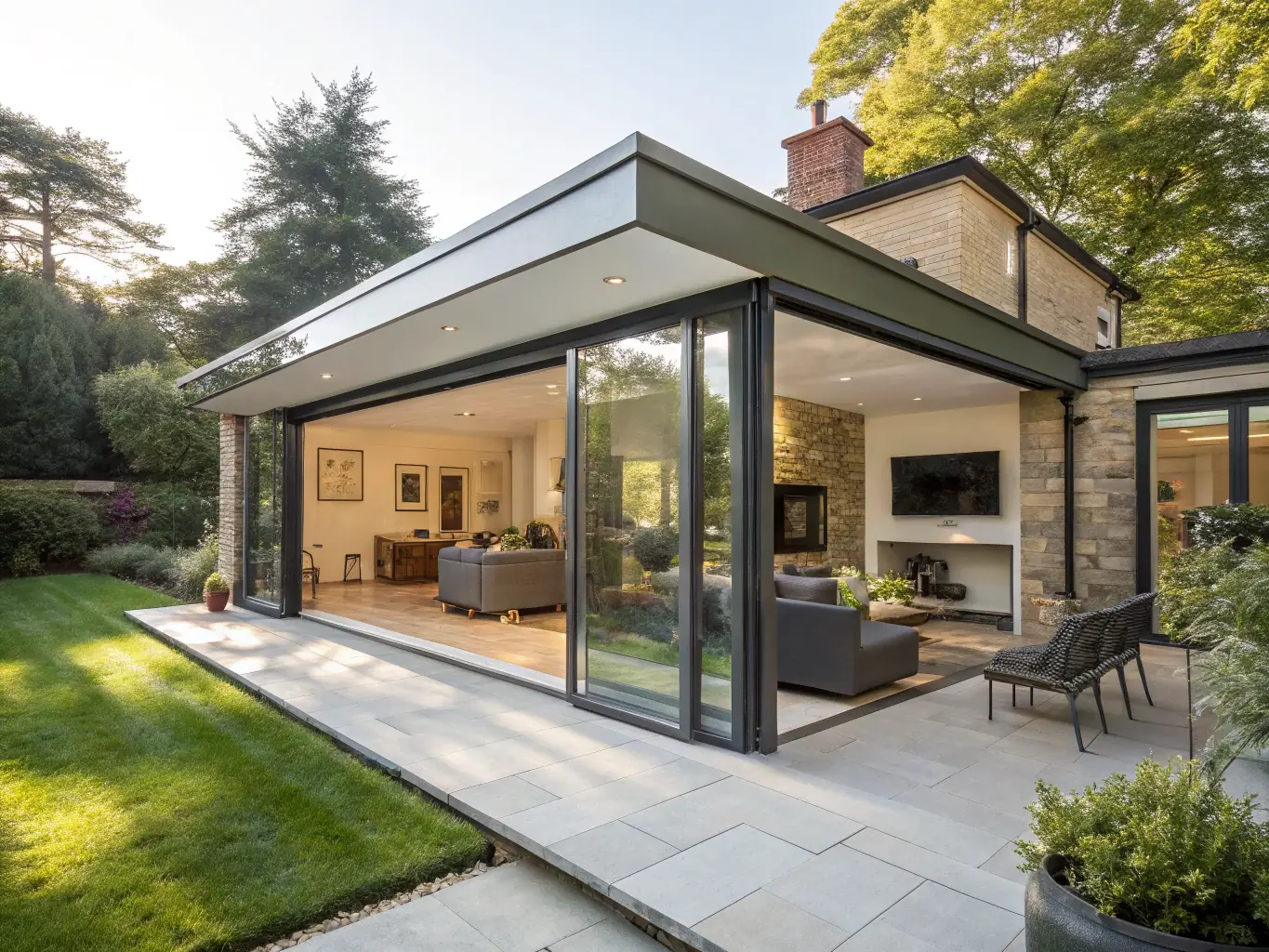A beautifully renovated home with a new extension, large windows, and modern interior finishes, showcasing a seamless blend of old and new. This image will be used to highlight renovation and extension services.